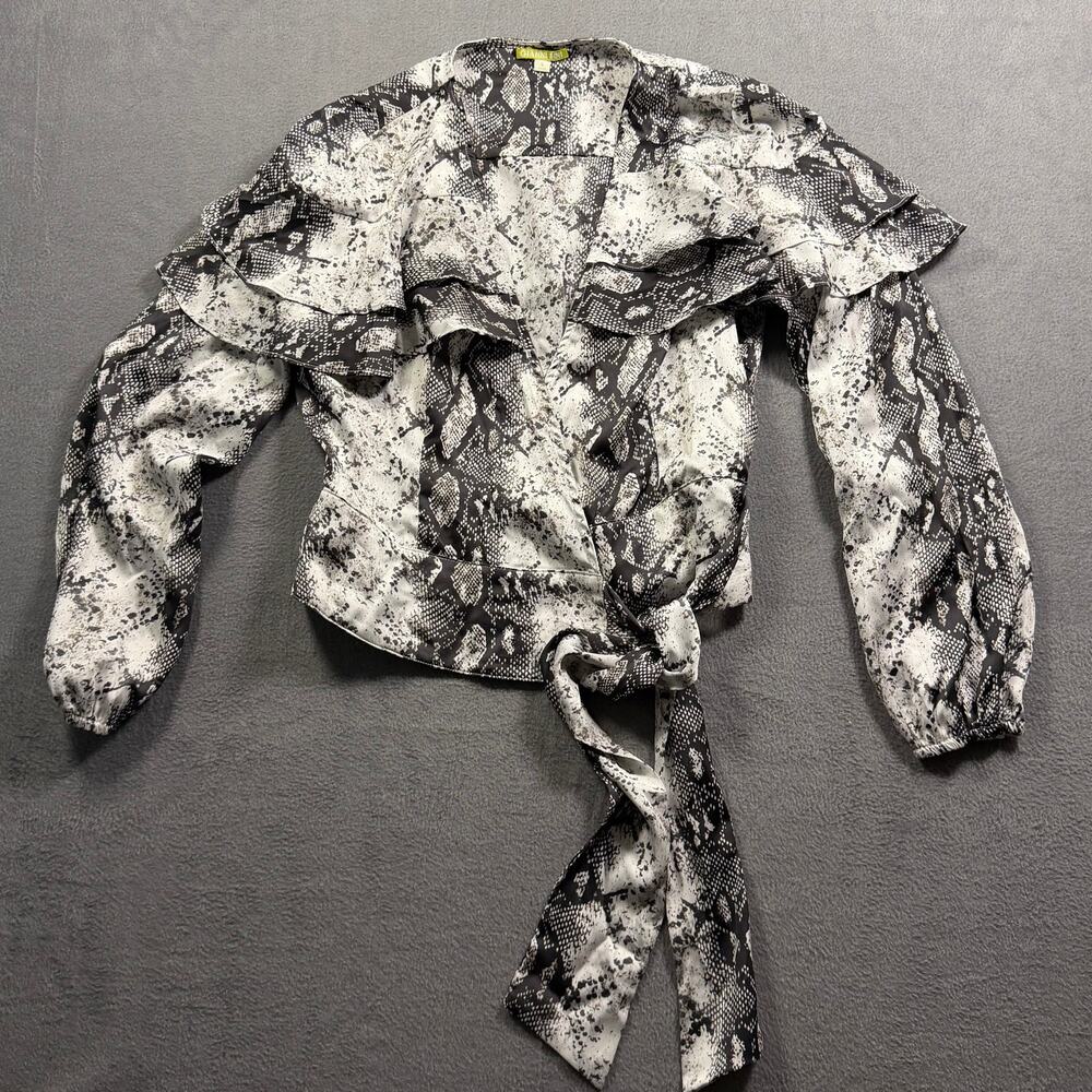 Gianni‎ Bini Snakeskin Print Wrap Blouse Small Ruffle V-Neck Tie Waist Top
